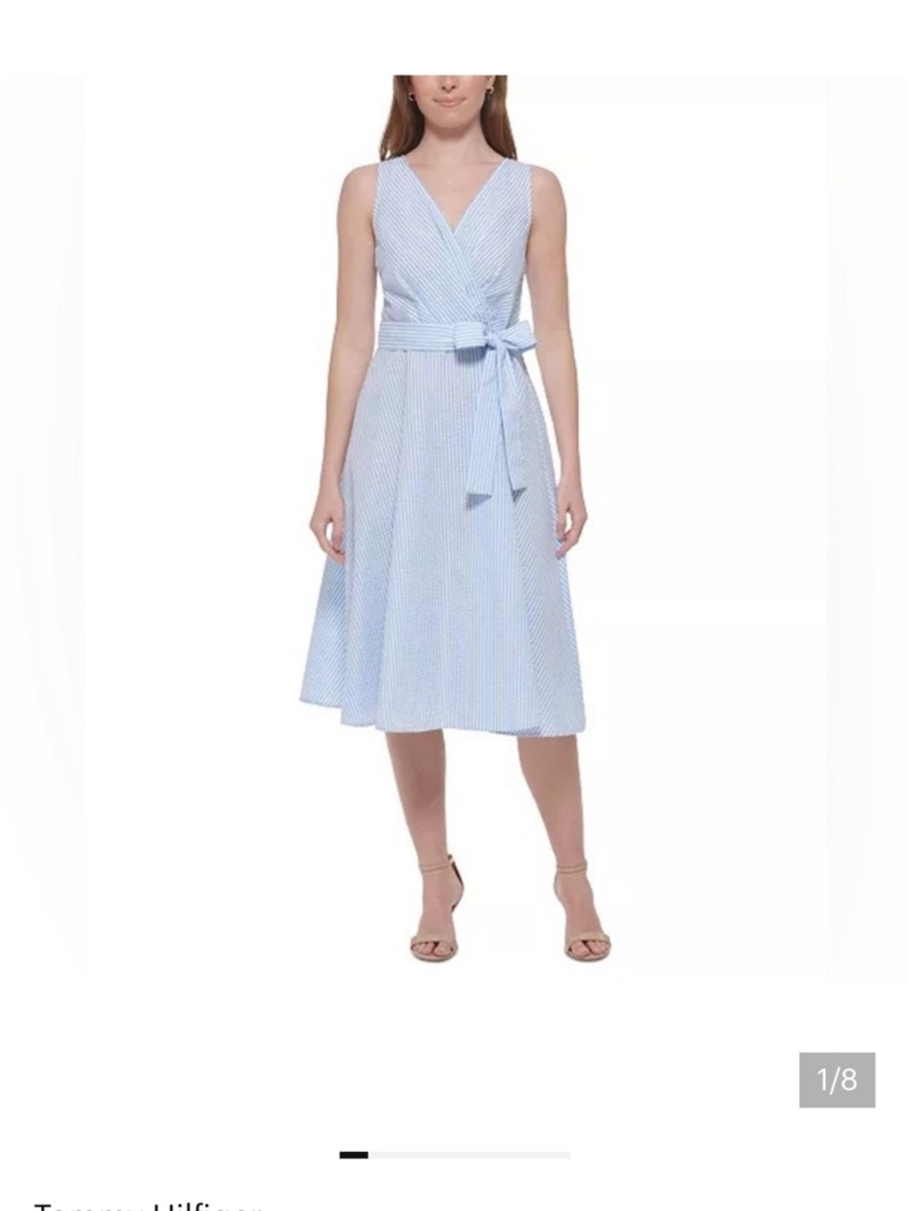 Tommy Hilfiger Seersucker blue and white striped wrap dress